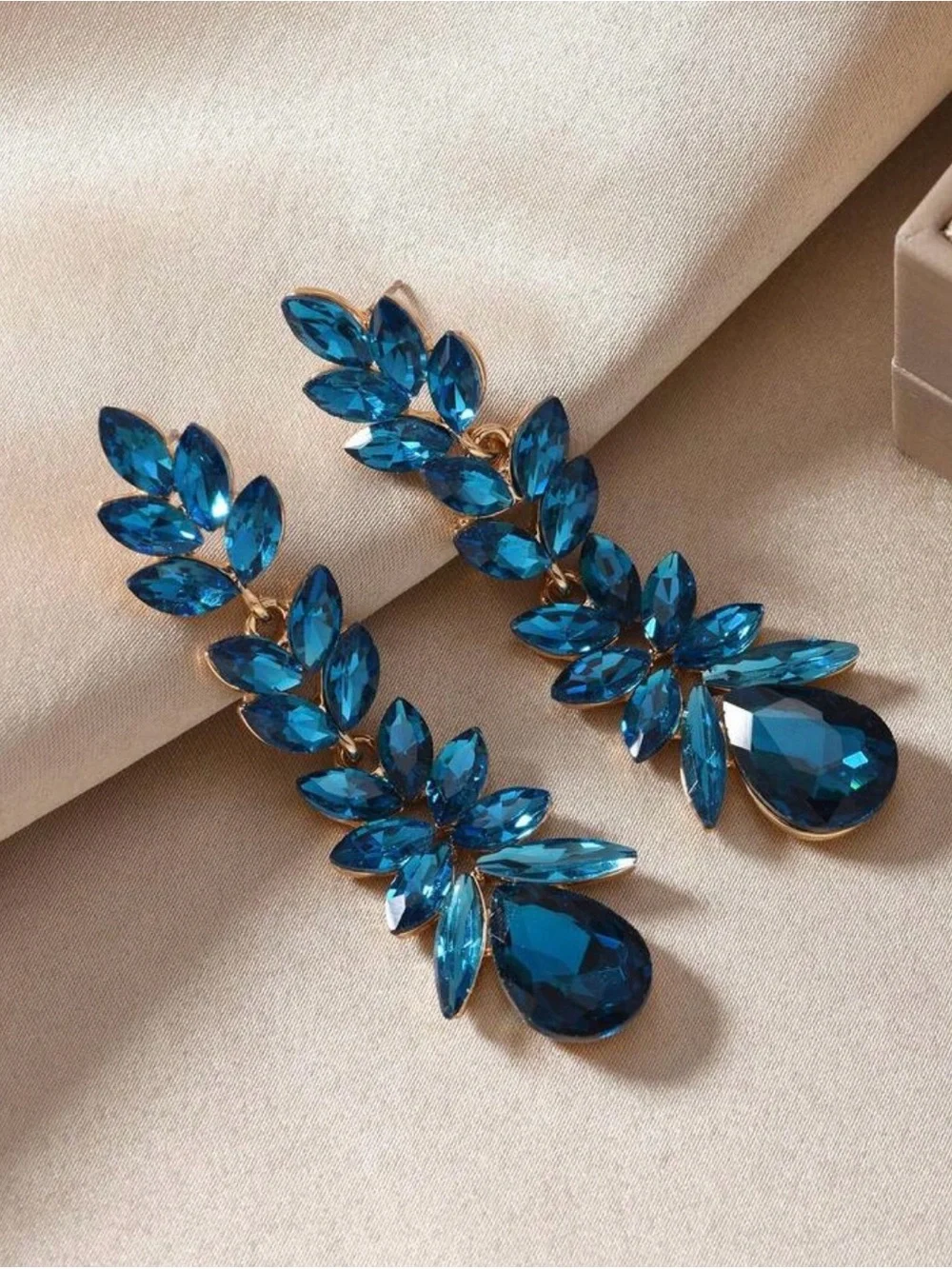 Blue Crystal Drop Leaf Earrings - Elegant Women's Jewelry